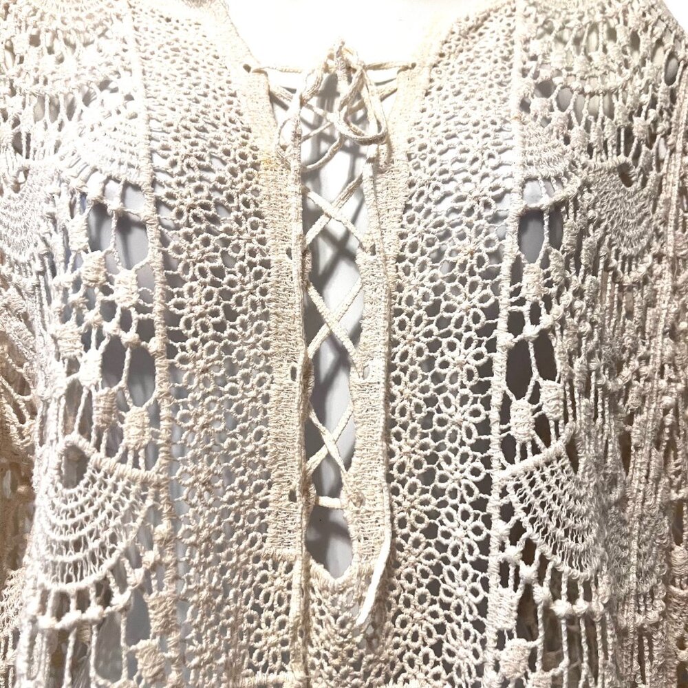 Forgotten Grace-100% Cotton Women's Boho/Hippie Top-Cream-Med-Lace Up-Lace Scall - Picture 6 of 12